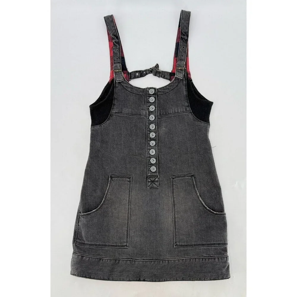 Free People Faded Black‎ Denim Distressed Mini Dress XS Grunge Goth Schoolgirl